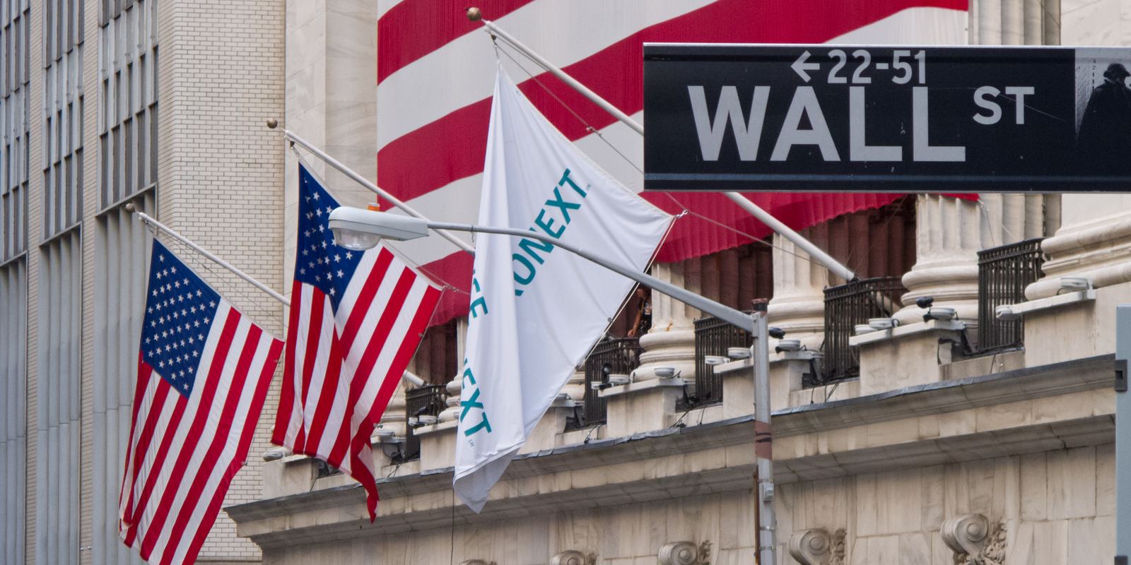 The columns of the New York Stock Exchange building on Wall Street